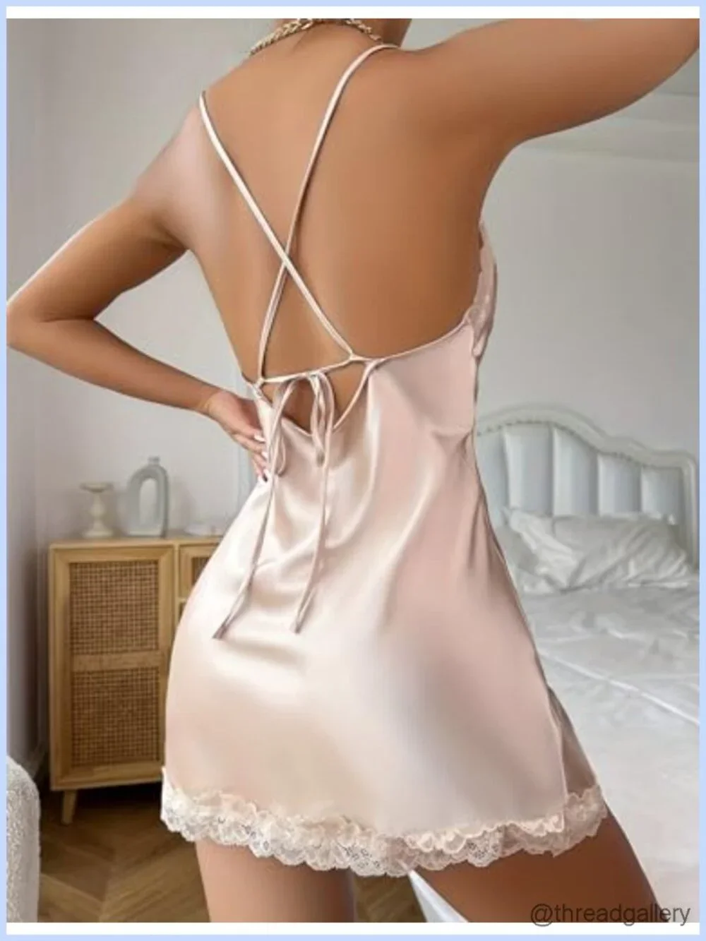 Satin Lace Chemise Side Slit Nightgown Full Slips Sleepwear